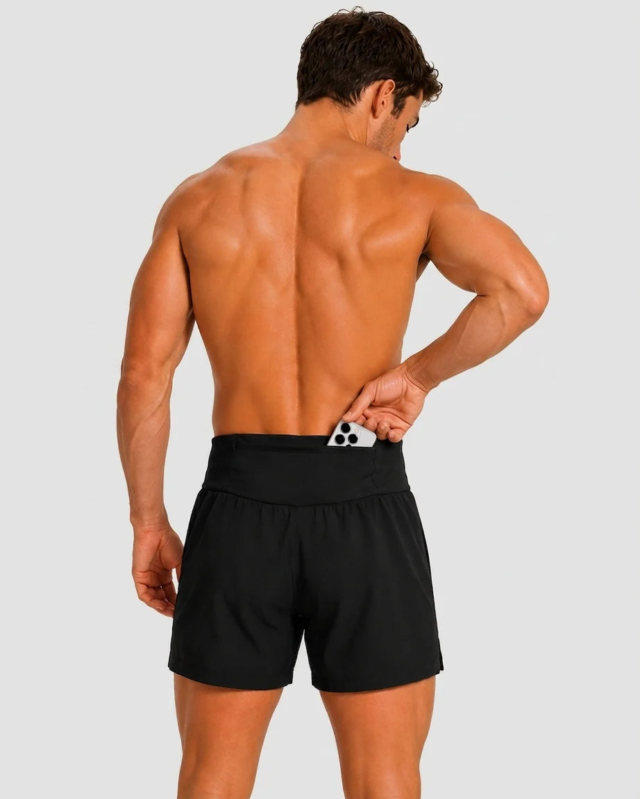 Pantaloneta de running SKUR 5AM 2 en 1 puesta, en movimiento