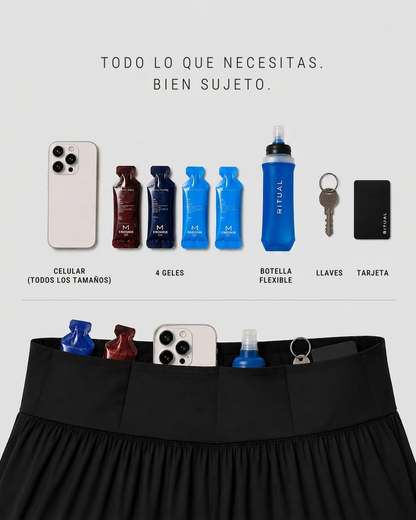 Infografía de la pantaloneta SKUR 5AM: cinturón integrado y bolsillos para celular, llaves y geles
